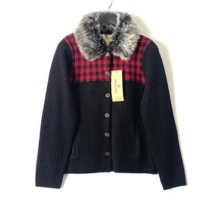 Woolrich Ribbed Knit Wool Cardigan with Faux Fur Collar